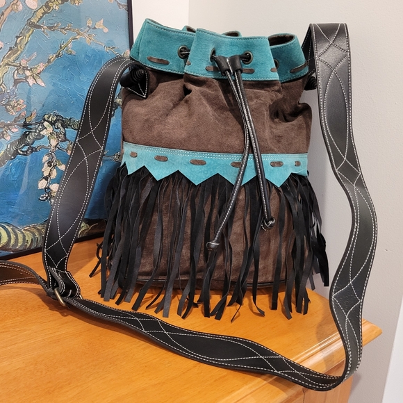 Handbags - Leather bucket shoulder bag fringe vintage but never used teal & brown purse